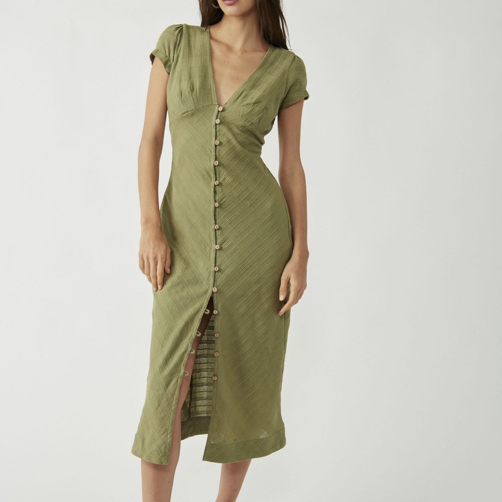 Free People “New in Town” Midi Olive Green Button-Down Dress